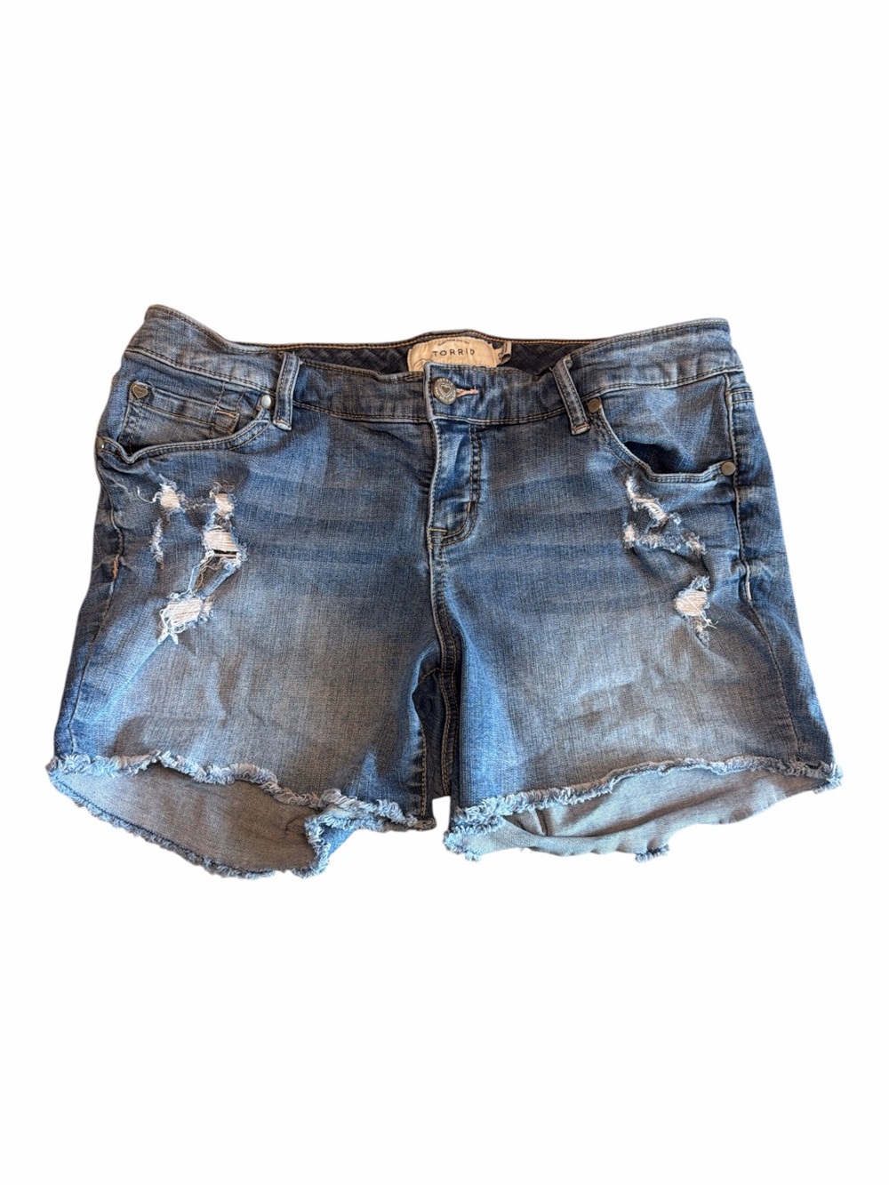 Torrid Denim Shorts Womens 12 Blue Distressed Raw Hem Mid Rise Stretch Jean